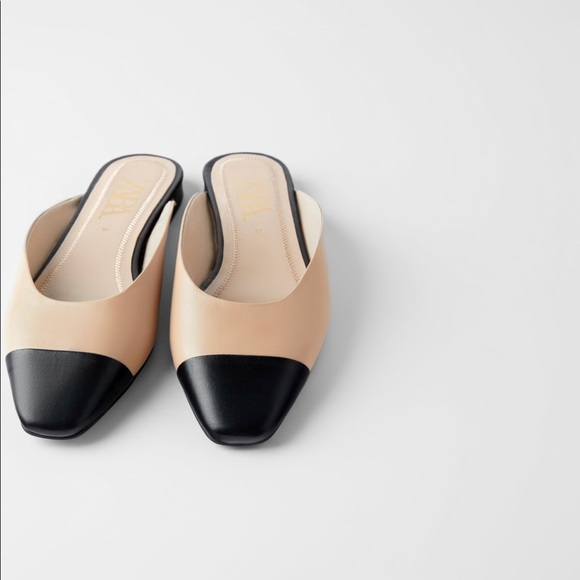 NWT ZARA Leather Mules Beige Black - Picture 2 of 9